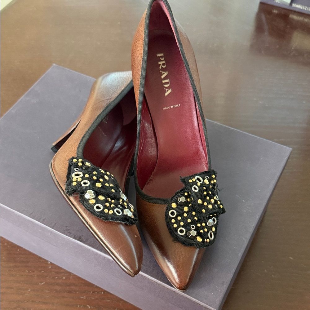 Prada Brown Heels with Black Embellished Bow
